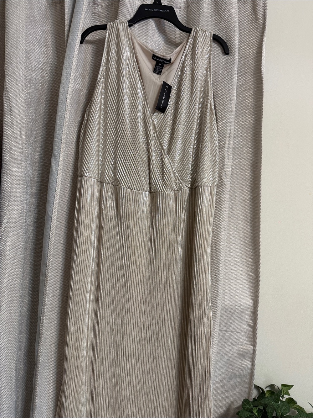 Shimmery Cream Pleated V-Neck Maxi Dress